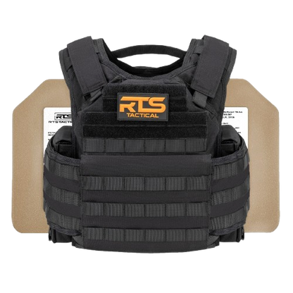 Black tactical vest with "RTS Tactical" patch, featuring armored plates behind it. The design is rugged, emphasizing safety and durability.