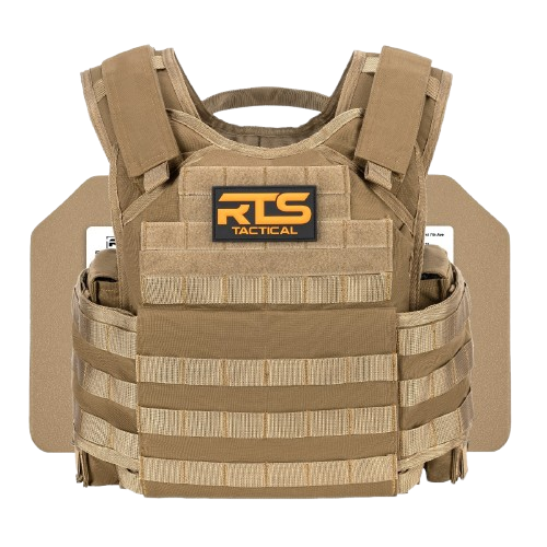 Tactical tan body armor vest with adjustable shoulder straps and a front label reading "RTS Tactical." Designed for utility and protection.