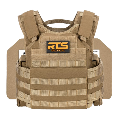 Tactical tan body armor vest with adjustable shoulder straps and a front label reading "RTS Tactical." Designed for utility and protection.