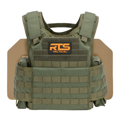 Olive green tactical vest equipped with MOLLE webbing and side pouches, conveying readiness and functionality.