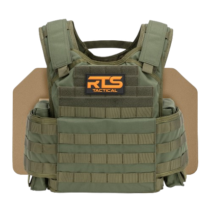 Olive green tactical vest equipped with MOLLE webbing and side pouches, conveying readiness and functionality.
