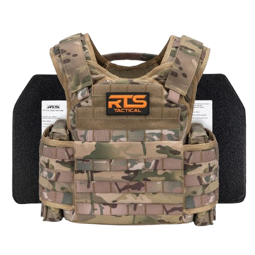 A Multicam plate carrier with MOLLE webbing and 2 ceramic armor plates.