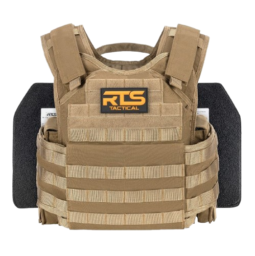 A coyote tan plate carrier with MOLLE webbing and two ceramic plate carriers.