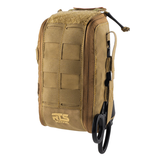 Tan tactical pouch with a zipper and attached scissors on the side.