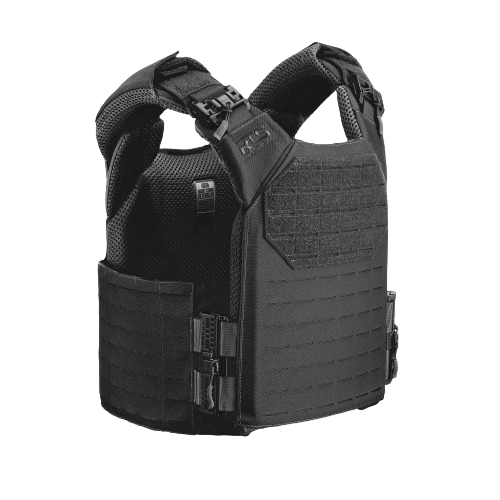 Black tactical vest with padded shoulders, adjustable straps, and MOLLE webbing.