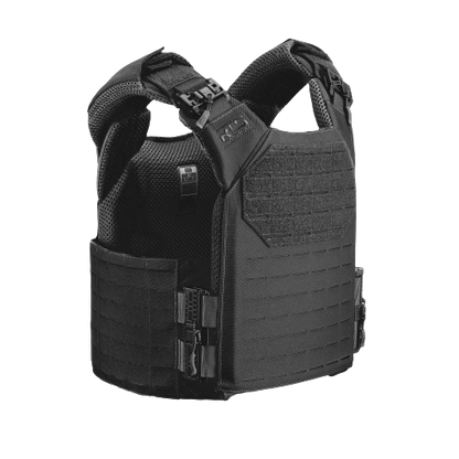Black tactical vest with padded shoulders, adjustable straps, and MOLLE webbing.