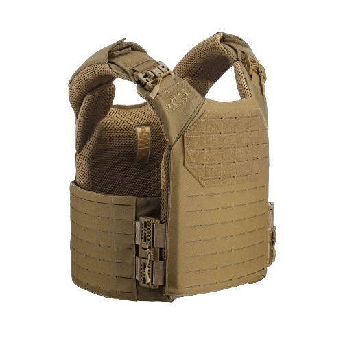 Tan tactical vest with reinforced straps and multiple pouches. The design conveys durability and functionality, suitable for military use.