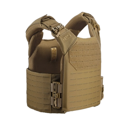 Tan tactical vest with reinforced straps and multiple pouches. The design conveys durability and functionality, suitable for military use.