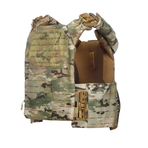 Camouflage tactical vest with adjustable shoulder straps and multiple horizontal loops for attachments, conveying ruggedness and military utility.