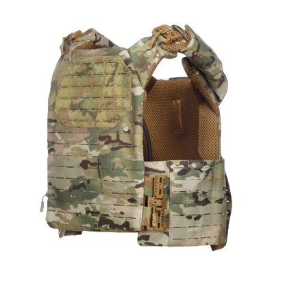 Camouflage tactical vest with adjustable shoulder straps and multiple horizontal loops for attachments, conveying ruggedness and military utility.