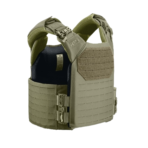 Tactical vest in olive green featuring adjustable straps, mesh padding, and multiple attachment points.