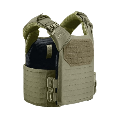 Tactical vest in olive green featuring adjustable straps, mesh padding, and multiple attachment points.