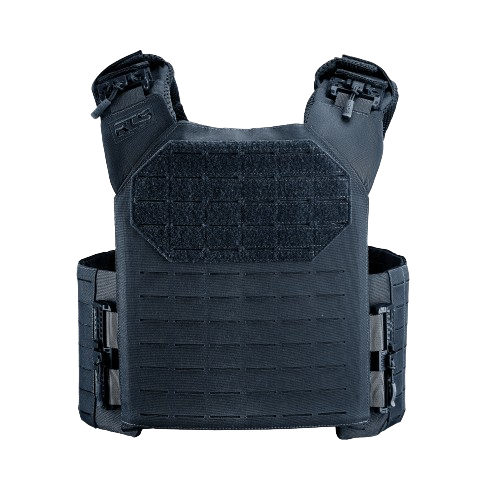Dark blue tactical vest with reinforced front panel, adjustable shoulder straps, and modular webbing.