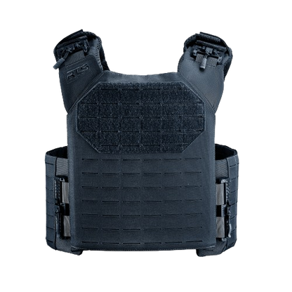 Dark blue tactical vest with reinforced front panel, adjustable shoulder straps, and modular webbing.