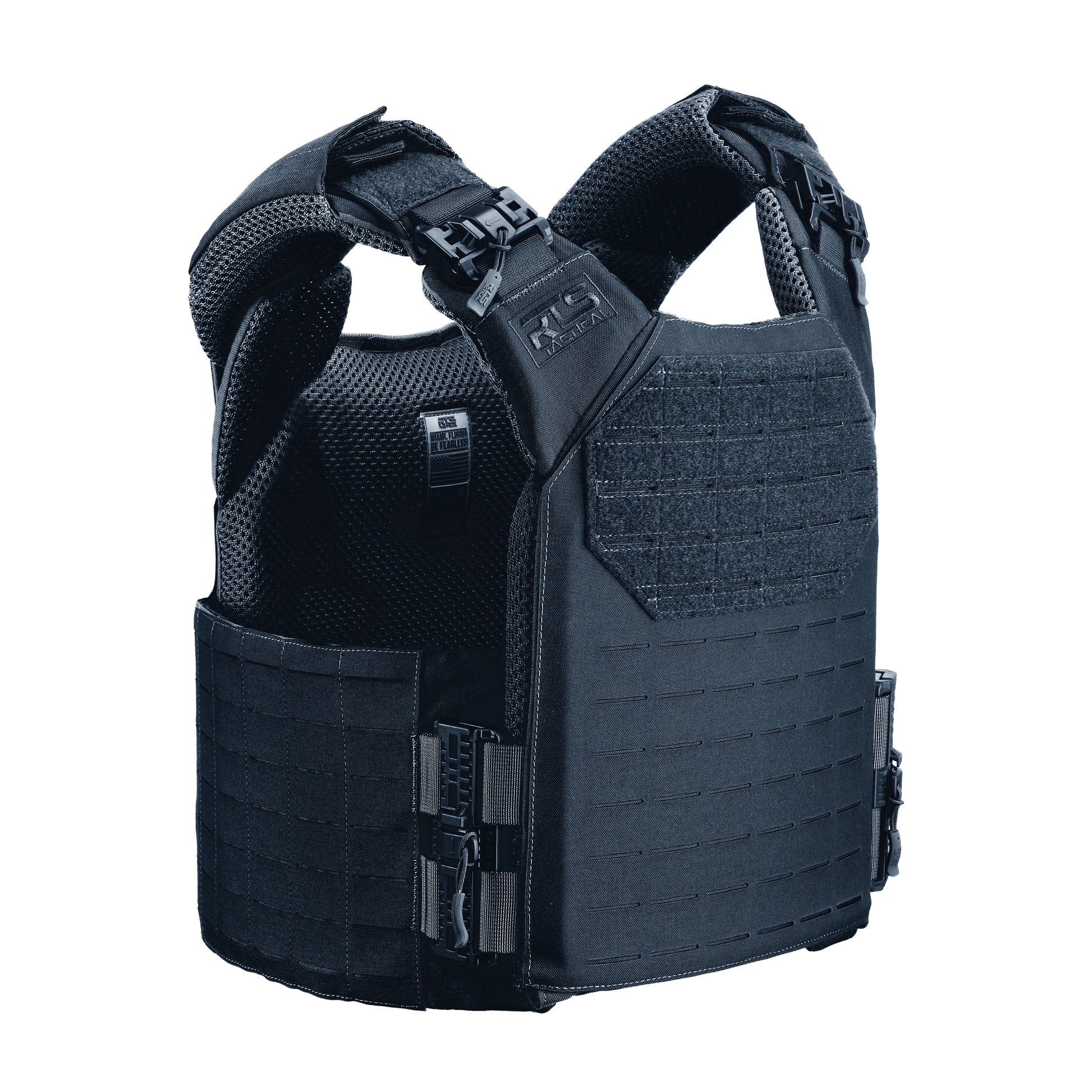 Dark blue tactical vest with reinforced front panel, adjustable shoulder straps, and modular webbing.