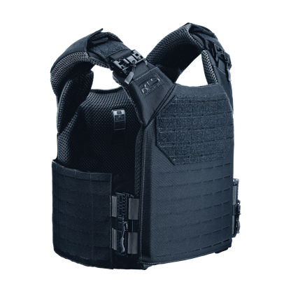 Dark blue tactical vest with reinforced front panel, adjustable shoulder straps, and modular webbing.