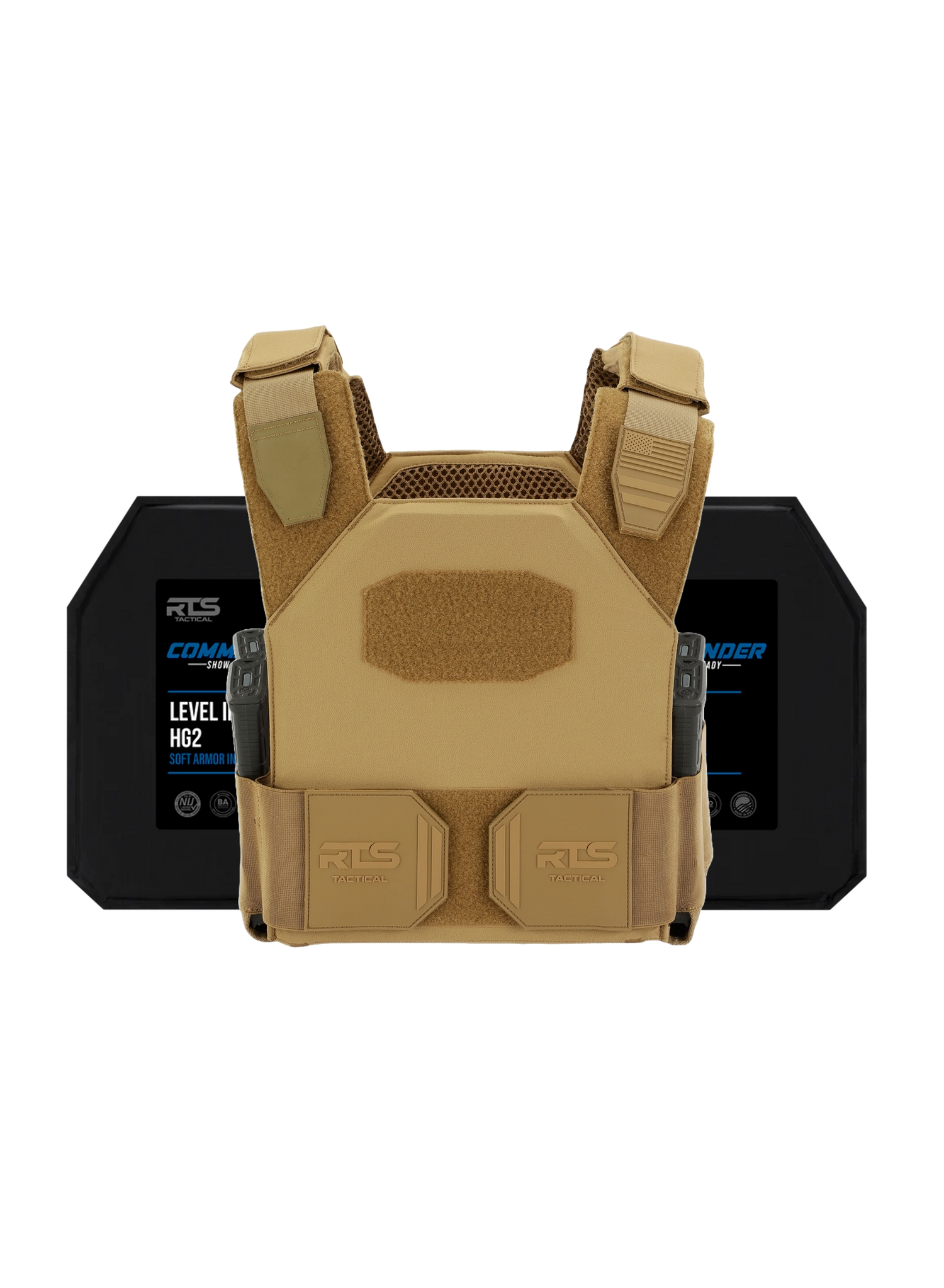 A tan tactical vest with padded straps is displayed in front of two black ballistic Level III HG2 Soft Armor plates.