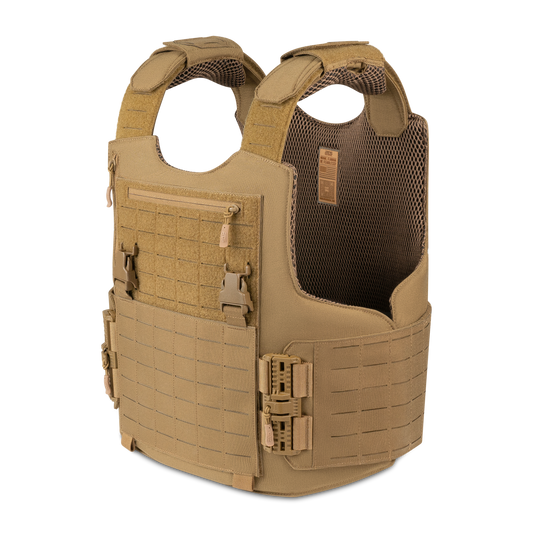 Tan tactical vest with rugged design, featuring adjustable straps, a grid of pouches, and buckles.