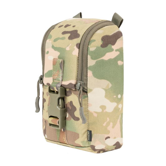 A compact, camouflage-patterned tactical bag with a front buckle and zipper. It conveys durability and functionality.