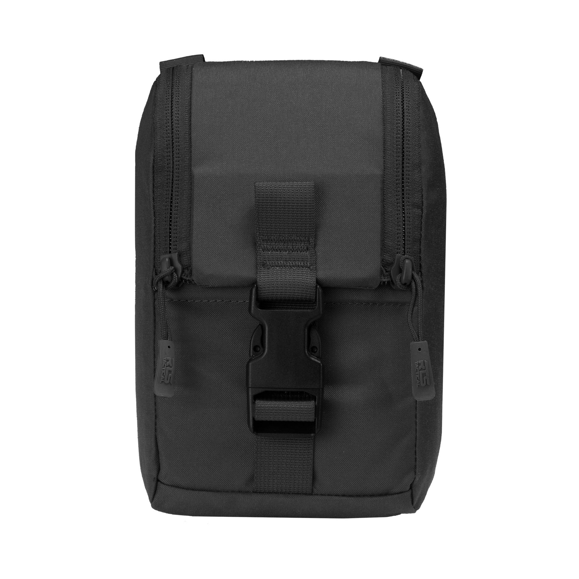 A black tactical pouch with a robust, rectangular design. It features a zipper and a central buckle strap.
