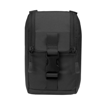 A black tactical pouch with a robust, rectangular design. It features a zipper and a central buckle strap.