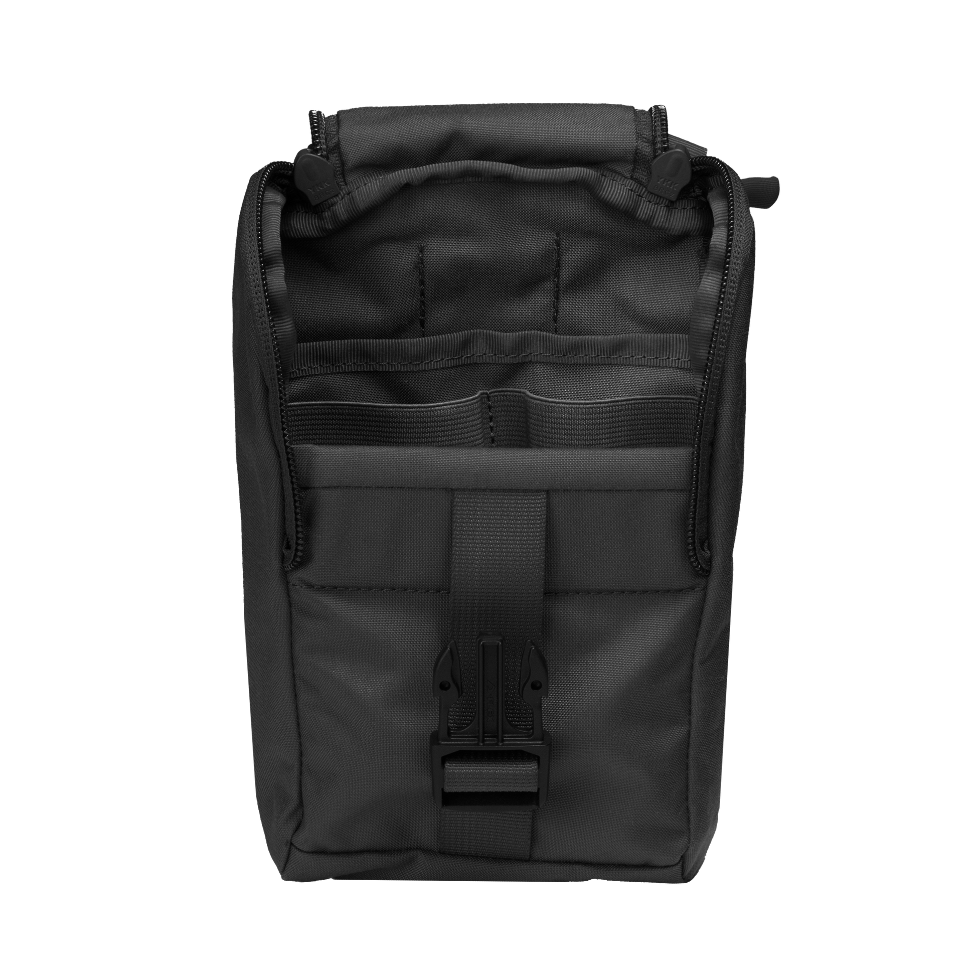 A black tactical bag with multiple compartments and a buckle strap. The bag is open at the top, showcasing interior pockets.