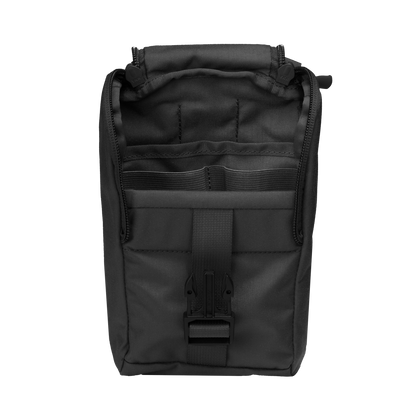 A black tactical bag with multiple compartments and a buckle strap. The bag is open at the top, showcasing interior pockets.