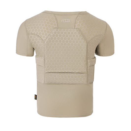 Beige short-sleeved compression shirt with hexagonal padding on the back, designed for protection.