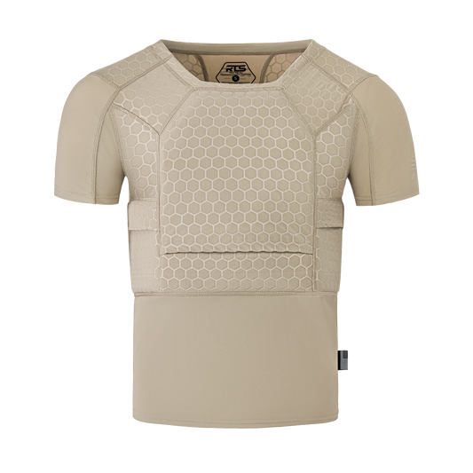 Tan tactical shirt with hexagonal padded panels, designed for armor protection