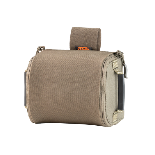 Compact tan fabric IFAK pouch, featuring a top loop and orange branding. The design suggests durability and utility.