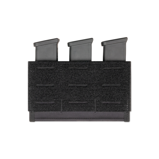 Three black magazine pouches are neatly arranged, partially visible in a dark fabric holder, conveying organization and utility.