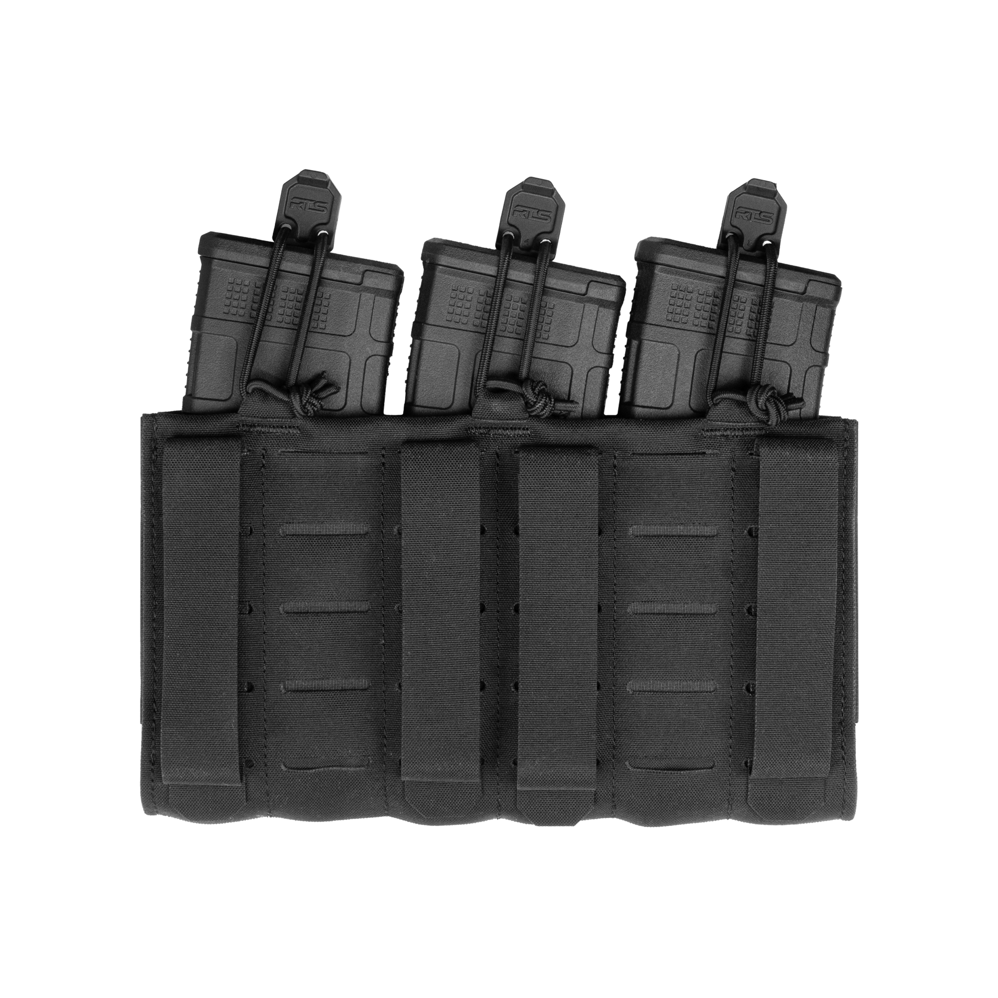 Tactical gear with three black magazines secured in a pouch on a black background. The design is sleek and functional, suggesting readiness and precision.