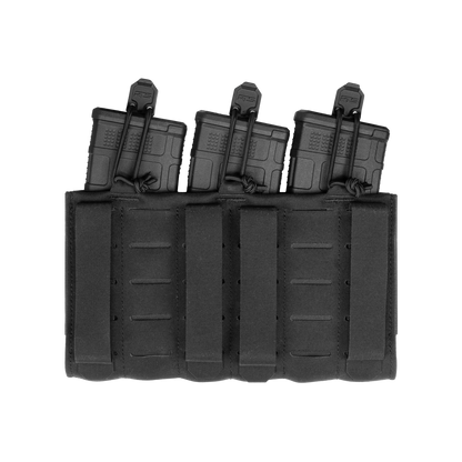 Tactical gear with three black magazines secured in a pouch on a black background. The design is sleek and functional, suggesting readiness and precision.