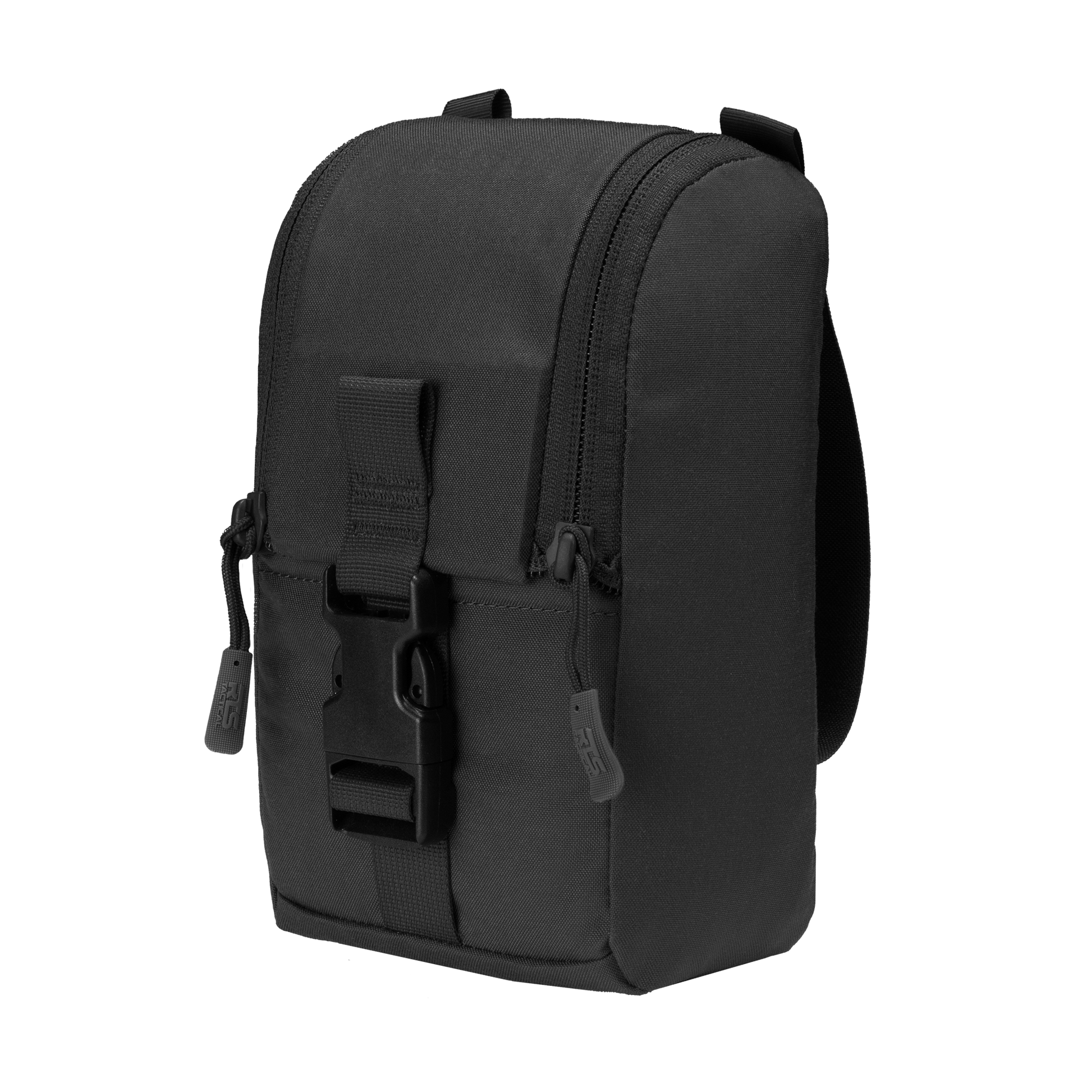 A sleek, black tactical pouch with dual zippers and a sturdy buckle on the front. The design is minimalist and functional, conveying utility.