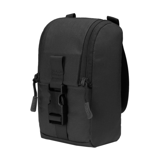 A sleek, black tactical pouch with dual zippers and a sturdy buckle on the front. The design is minimalist and functional, conveying utility.