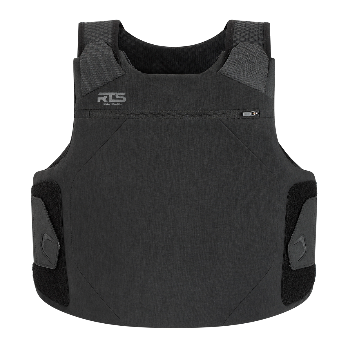 Black tactical vest featuring adjustable straps and side pockets.