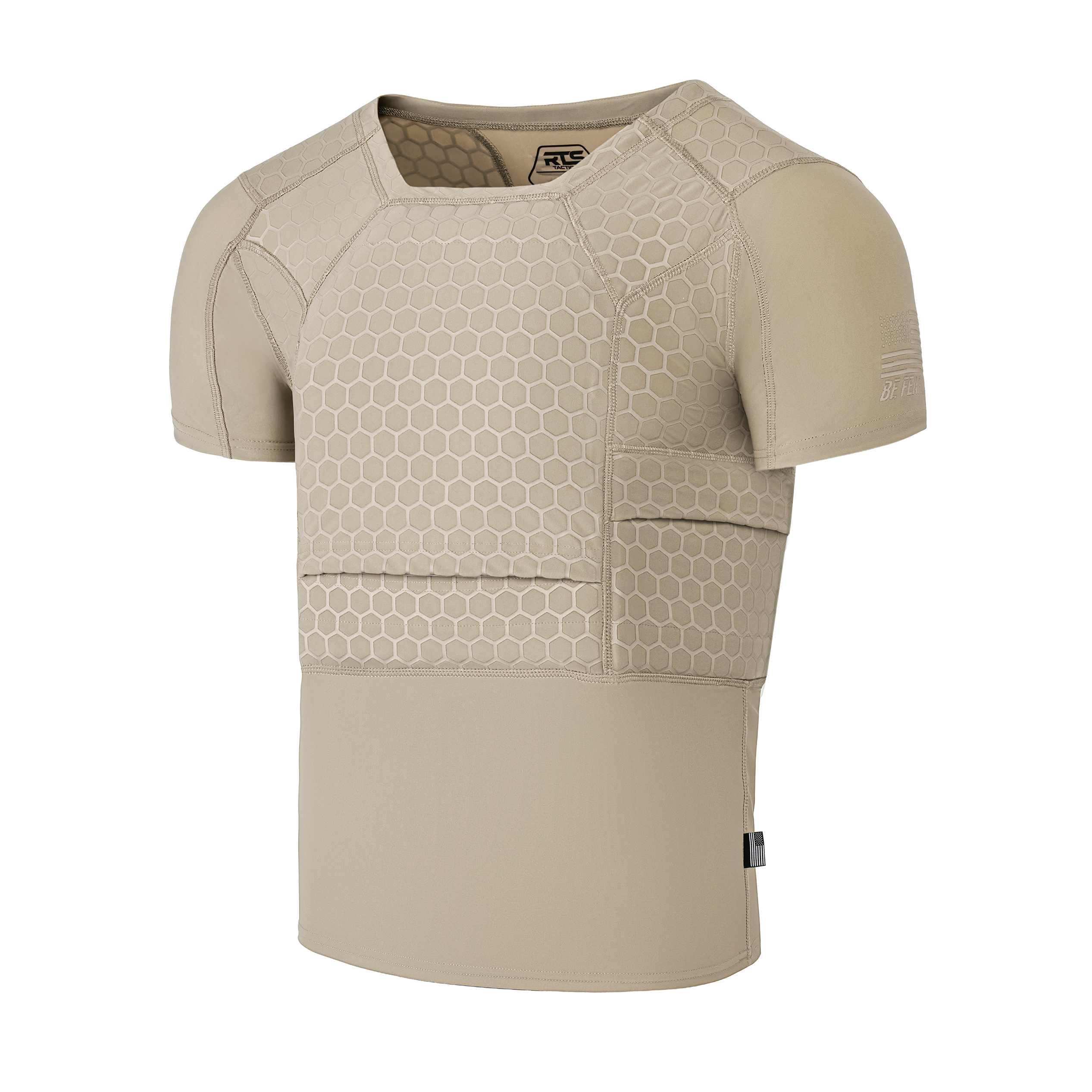 Tan short-sleeve tactical shirt with hexagonal padding on the chest and shoulders, designed for protection
