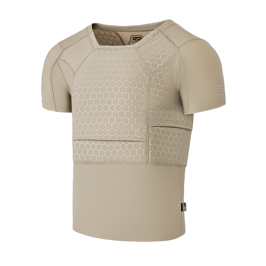Tan short-sleeve tactical shirt with hexagonal padding on the chest and shoulders, designed for protection