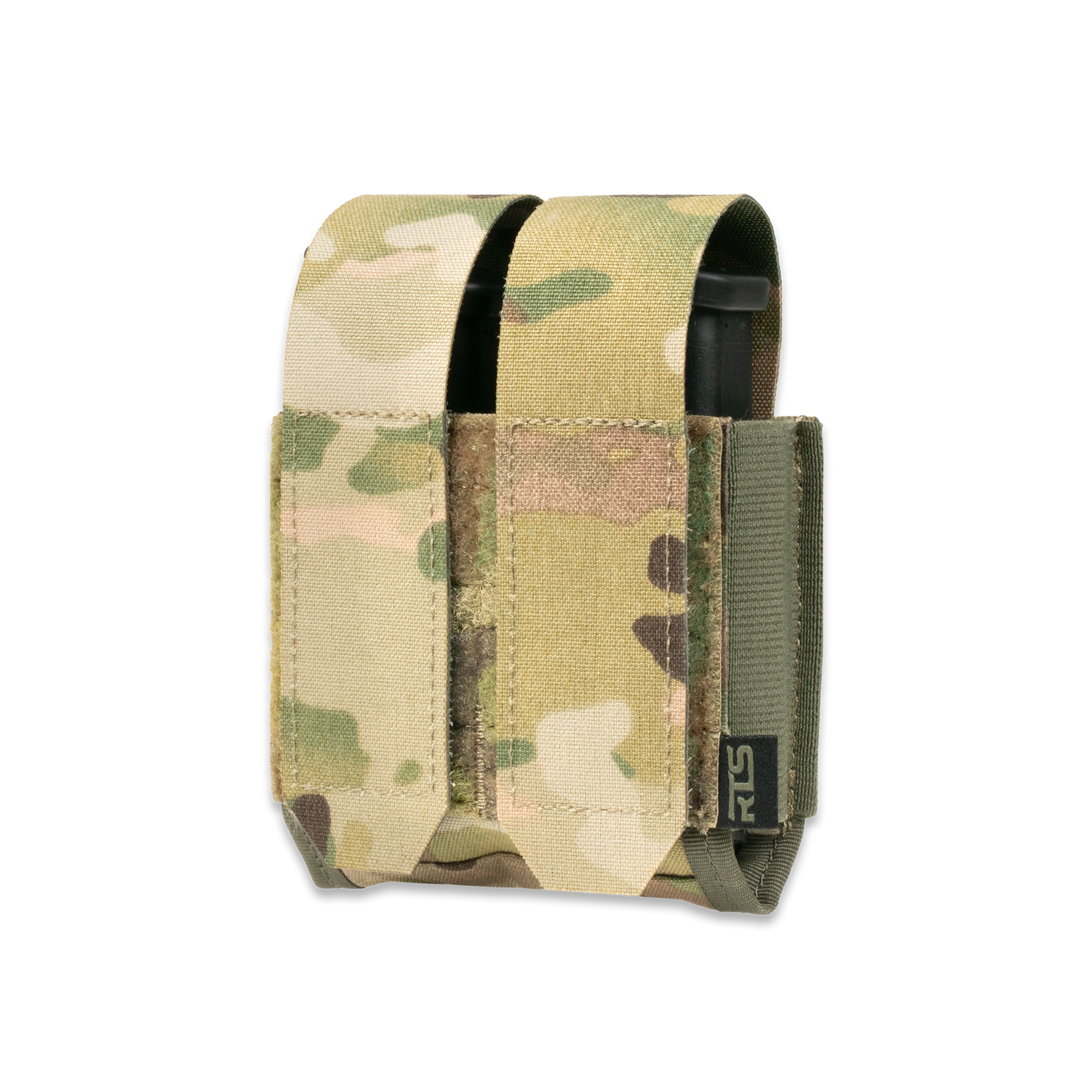 Front view of the RTS Tactical Double Pistol Mag Pouch featuring the Multicam camouflage pattern. The pouch is constructed from durable Cordura nylon and includes two side-by-side vertical compartments designed to securely hold standard pistol magazines.