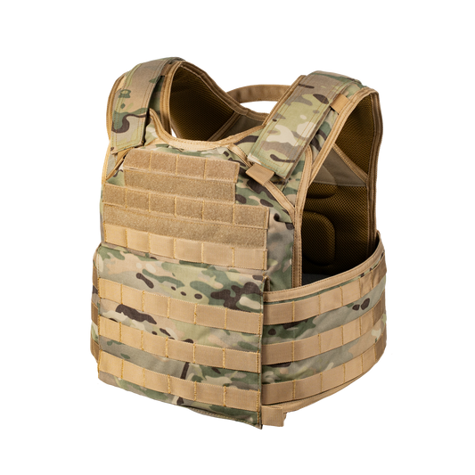 Side profile view of the RTS Tactical Premium Plate Carrier in Multicam. This angle shows the adjustable cummerbund system with MOLLE webbing connecting the front and rear plate bags, as well as the side profile of the shoulder straps.