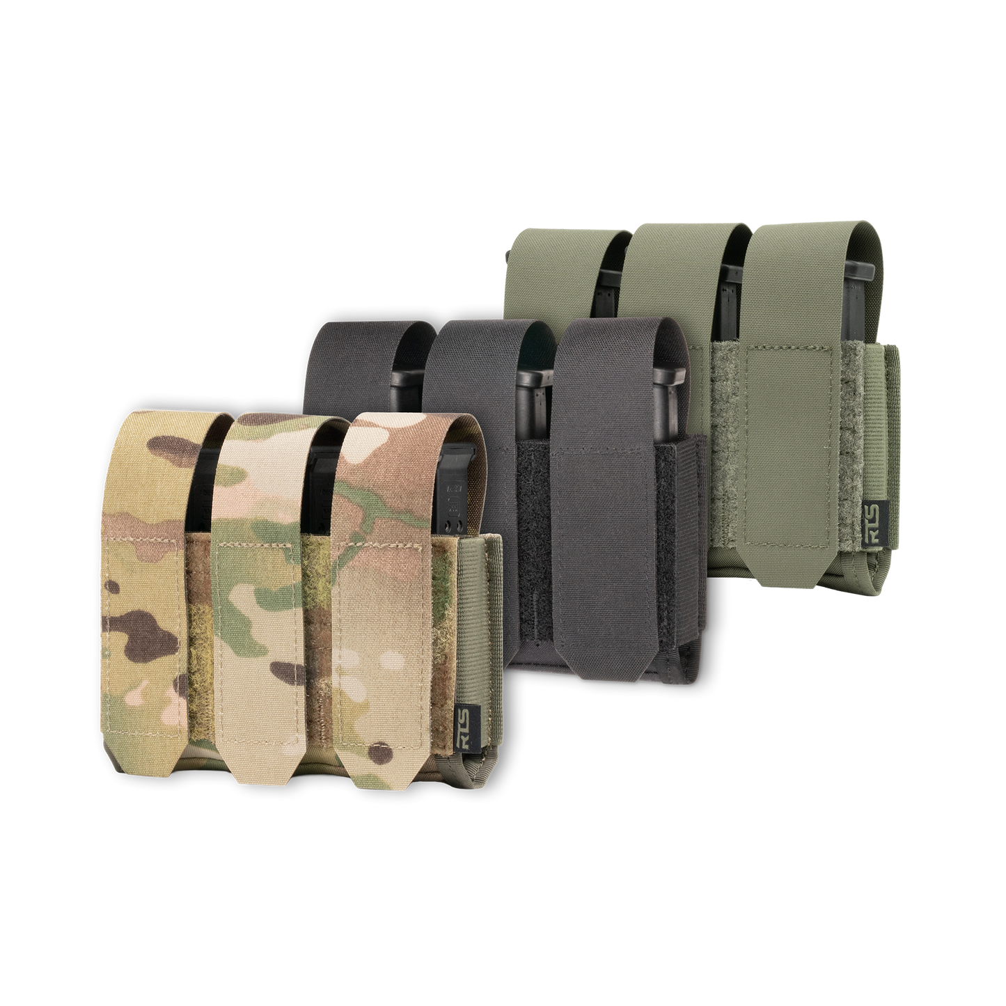 Three tactical magazine pouches in camouflage, black, and green are displayed side by side against a black background.