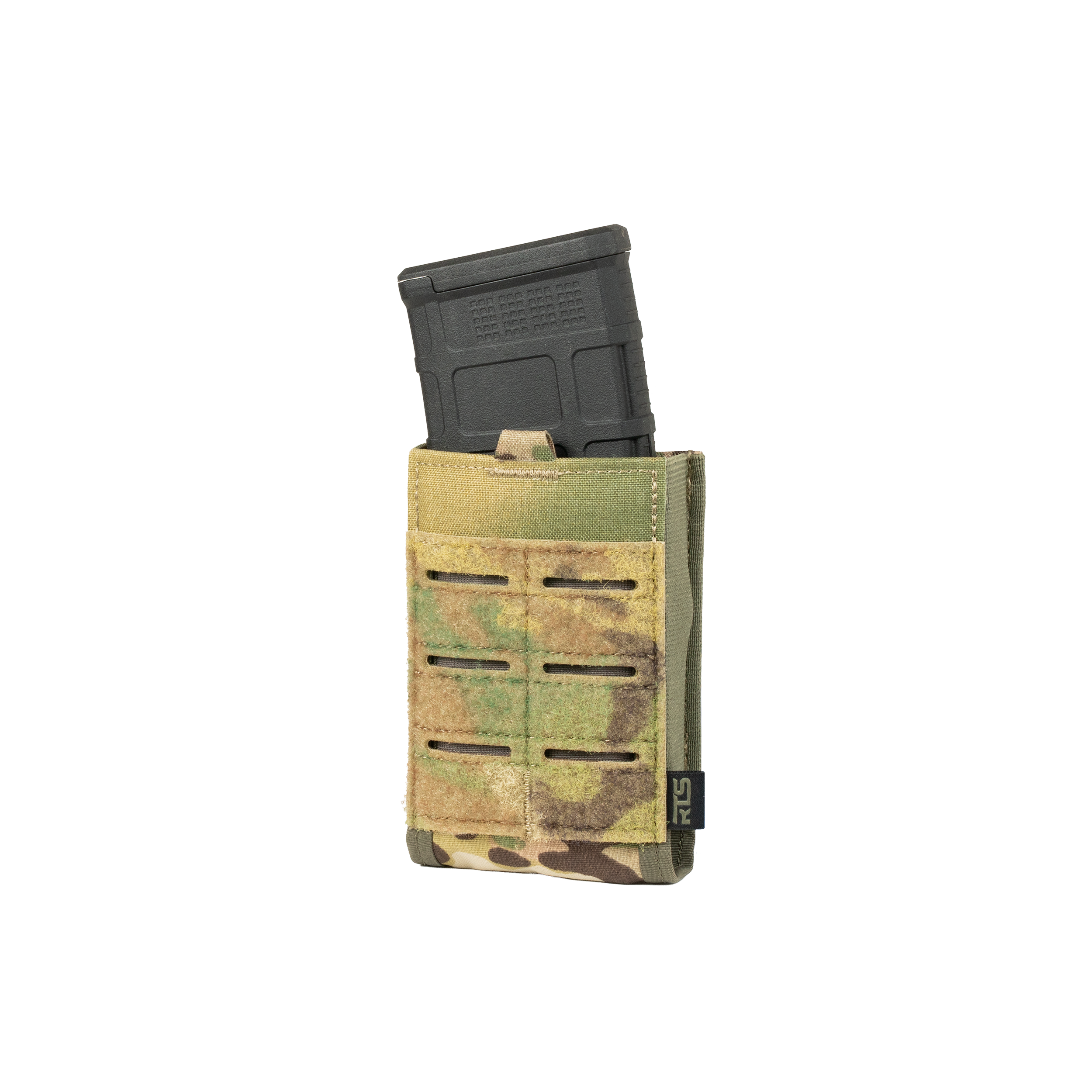 An angled, three-quarter view of the RTS Tactical Single Rifle Mag Pouch in Multicam camouflage. The pouch features a single vertical pocket made of heavy-duty Cordura, an open-top design for quick access, and an adjustable bungee retention cord with a pull tab at the top to secure a rifle magazine.