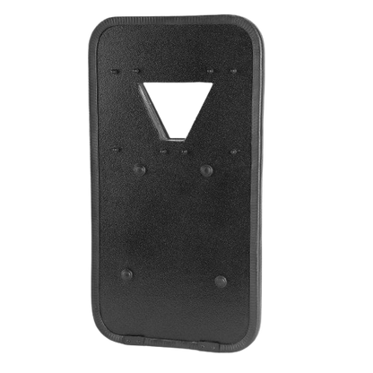 Black ballistic shield with a triangular cutout at the top and a textured surface, designed for protection in tactical situations