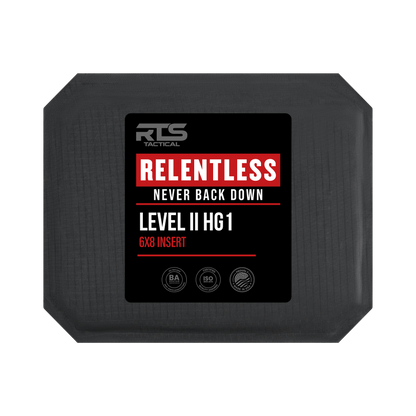 A black tactical insert with a bold, red and white label reads “Relentless, Never Back Down, Level II HG1, 6x8 Insert.” Logos indicate certification.