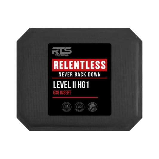 A black tactical insert with a bold, red and white label reads “Relentless, Never Back Down, Level II HG1, 6x8 Insert.” Logos indicate certification.