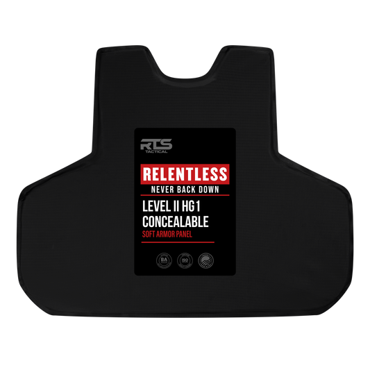 Black soft armor panel with bold text stating "Relentless: Never Back Down" in red. Beneath, in white, "Level II HG1 Concealable." Emphasizes resilience.