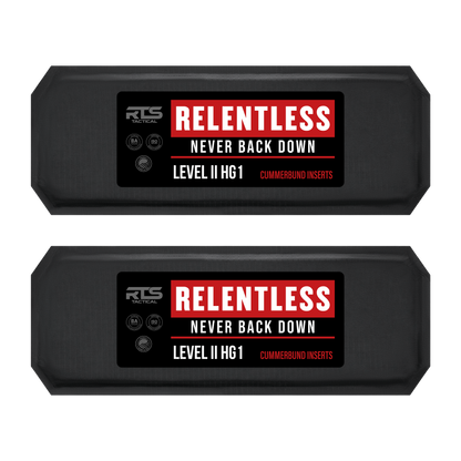 Two black tactical plates labeled "RTS Tactical RELENTLESS, Never Back Down, Level II HG1 Cummerbund Inserts" in red and white text, conveying resilience.