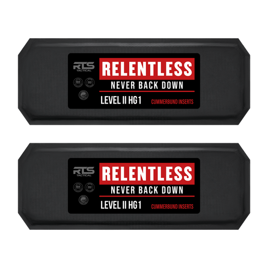 Two black tactical plates labeled "RTS Tactical RELENTLESS, Never Back Down, Level II HG1 Cummerbund Inserts" in red and white text, conveying resilience.
