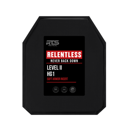 Black tactical armor insert with a red and white label. Text reads "Relentless, Never Back Down, Level II, HG1." Emphasizes protection and toughness.