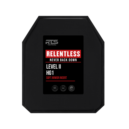 Black tactical armor insert with a red and white label. Text reads "Relentless, Never Back Down, Level II, HG1." Emphasizes protection and toughness.